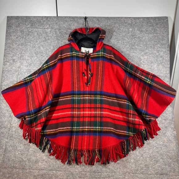 Vintage Edinburgh Woollen Mill Red Plaid Tartan Wool Poncho Cape Hooded Fringe - Picture 3 of 16
